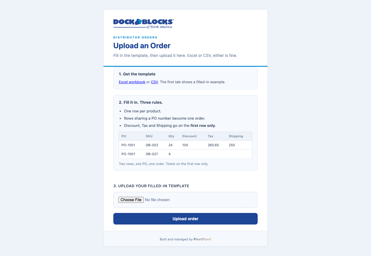 The distributor upload page, showing the three rules and a worked example