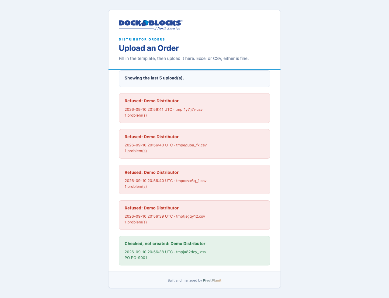 The order history page, listing recent uploads and their outcomes
