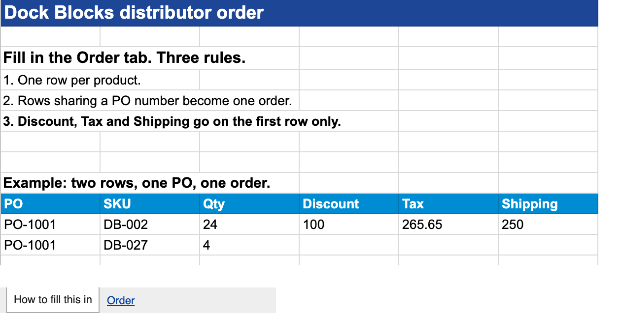 The order template, showing the how-to-fill-it-in tab and the Order tab